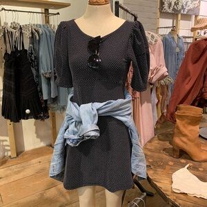 Free People Dress Size M Black White Polka Dot Fit & Flare Short Puff Sleeves